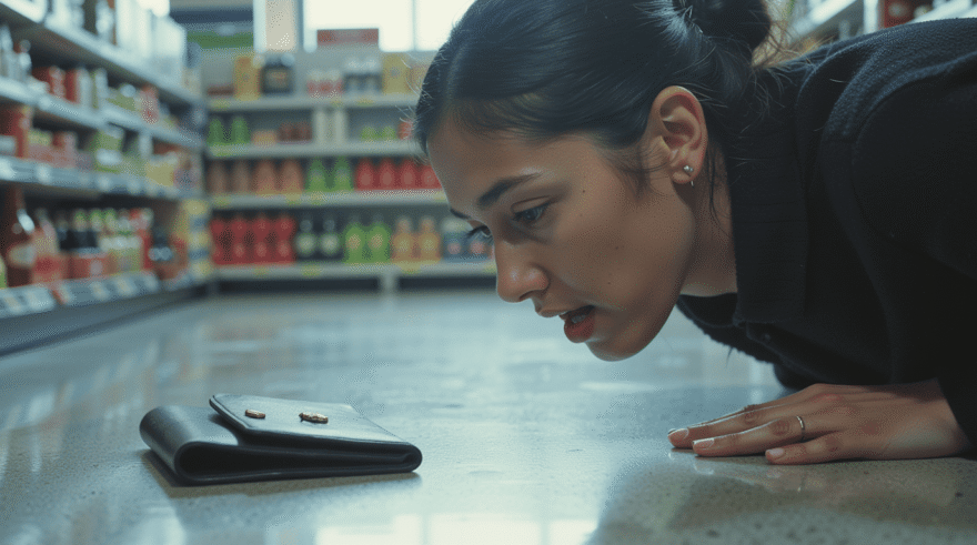 Eine Frau findet Geld im Supermarkt.