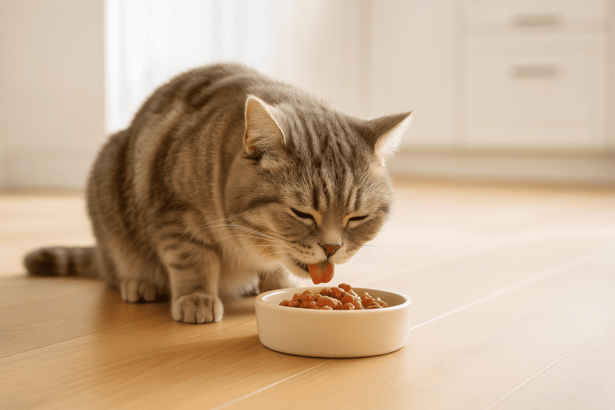 Eine Katze genießt ihr Essen