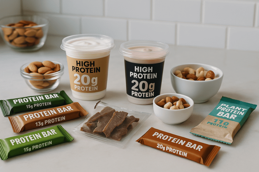 Auf dem Foto sind proteinreiche Snacks aus dem Supermarkt zu sehen.