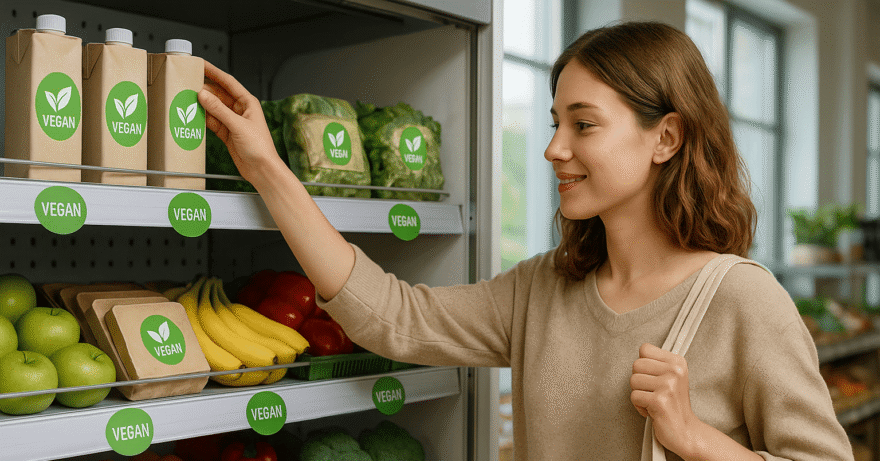 Eine Frau kauft vegan im Supermarkt ein.