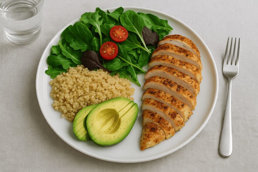 Ein gesundes Mittagessen, bestehend aus Salat, Tomaten, Bulgur, Avocadoa und Hähnchen.