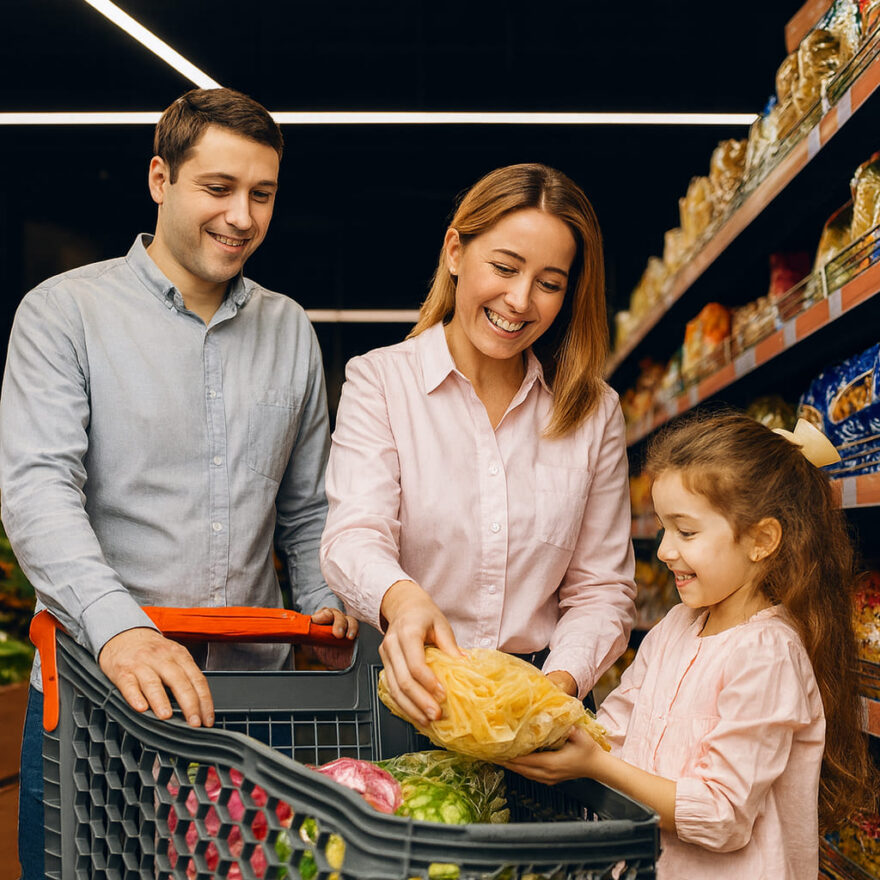 Eine Familie kauft im Discounter ein.
