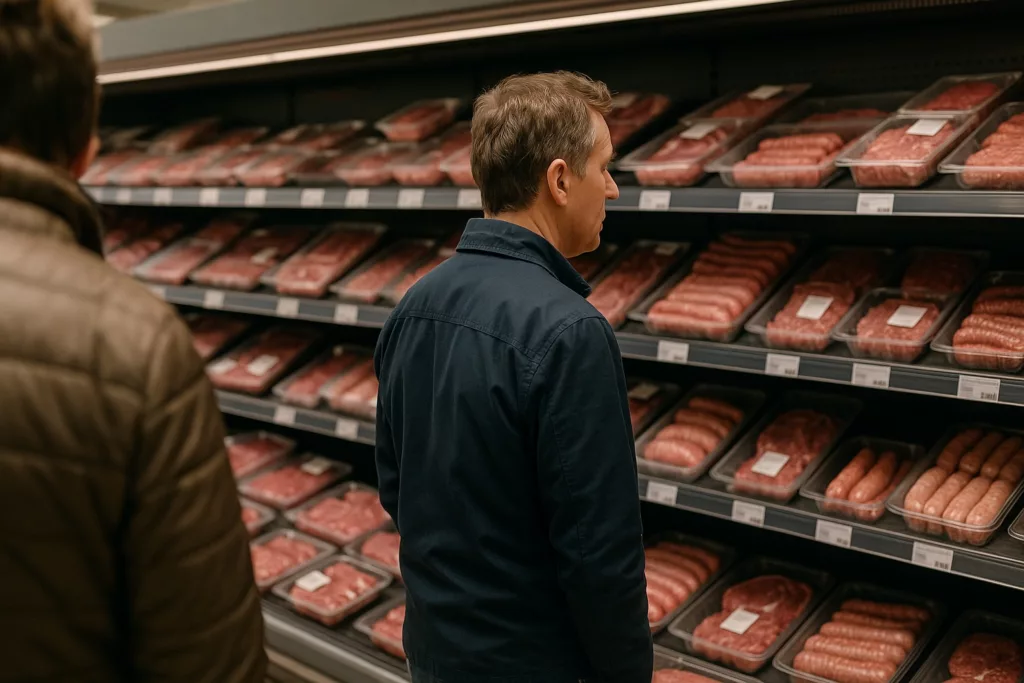 Ein Mann in der Fleischabteilung im Supermarkt.
