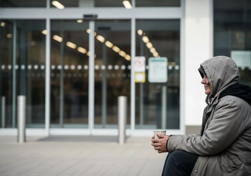 Eine Bettlerin vor einem Supermarkt