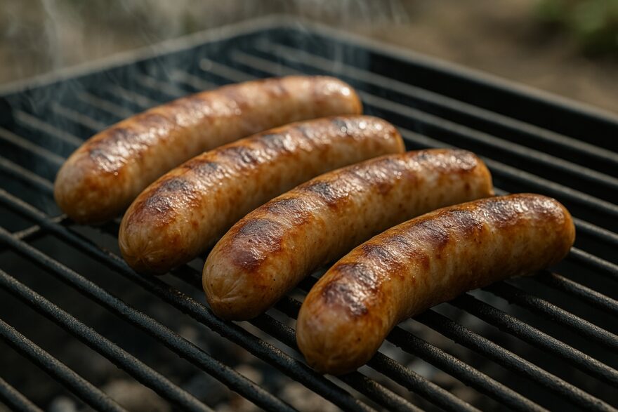 Auf dem Foto ist eine Bratwurst auf einem Grill zu sehen.