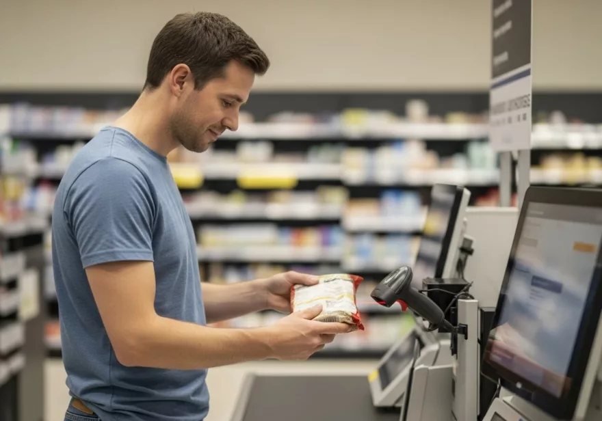 Ein Mann scannt im Supermarkt