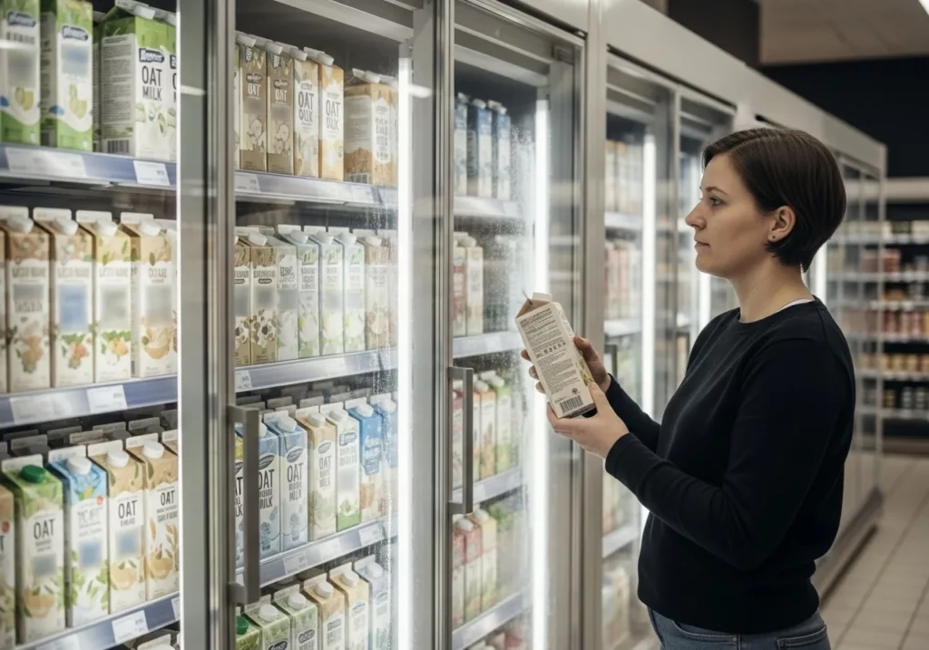 Eine Frau sucht eine Hafermilch im Supermarkt