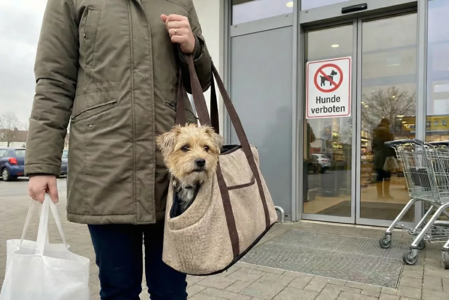 Eine Frau trägt ihren Hund in einer Tasche vor dem Supermarkt