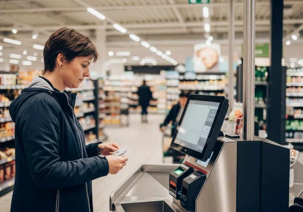 Eine Frau an einer Supermarkt-SB-Kasse.