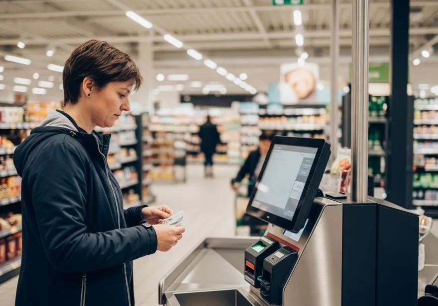 Eine Frau an einer Supermarkt-SB-Kasse.