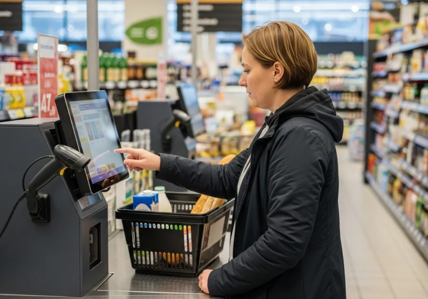 Eine Frau an einer Selbstbedienungskasse im Supermarkt (Symbolfoto/Krea AI/Google Imagen 4 Ultra/KI-generiert).
