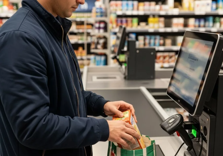 Ein Mann beim Self-Checkout im Supermarkt