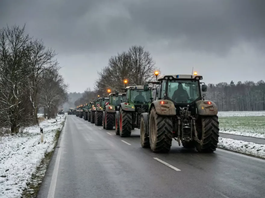 Bauern auf ihren Traktoren fahren zu Protesten gegen Lidl