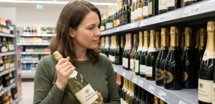 Eine Frau kauft Sekt im Supermarkt ein