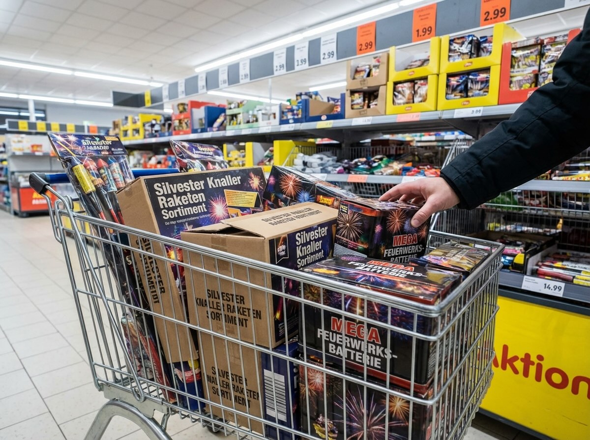 Ein Einkaufswagen mit Feuerwerk im Supermarkt