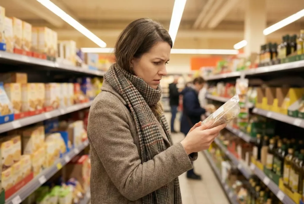 Eine Frau checkt eine Verpackung im Supermarkt
