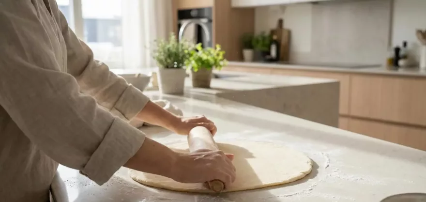 Eine Frau rollt einen Kuchenteig aus