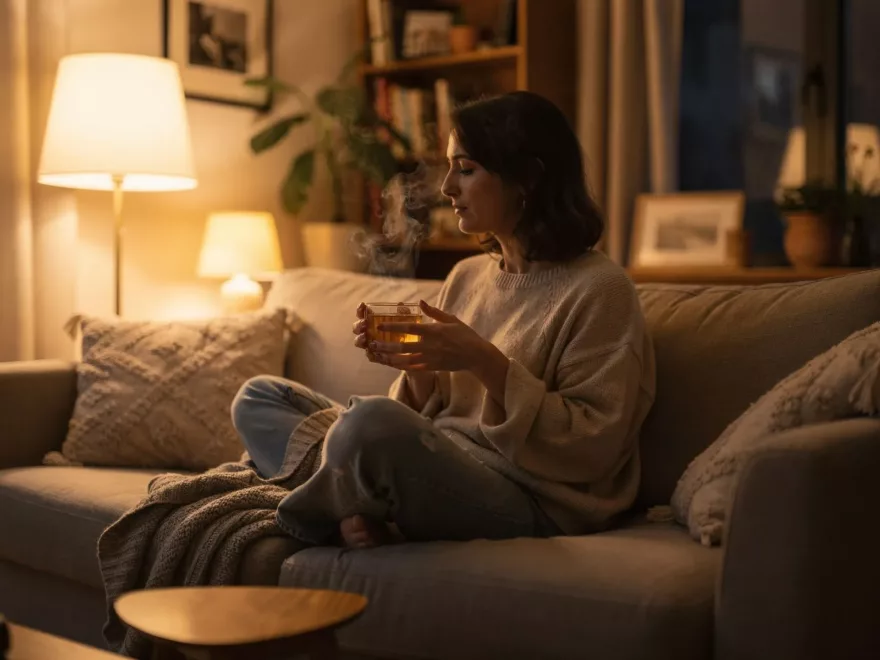Eine Frau nach dem Weihnachtsessen auf dem Sofa