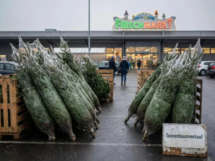 Weihnachtsbäume vor dem Supermarkt