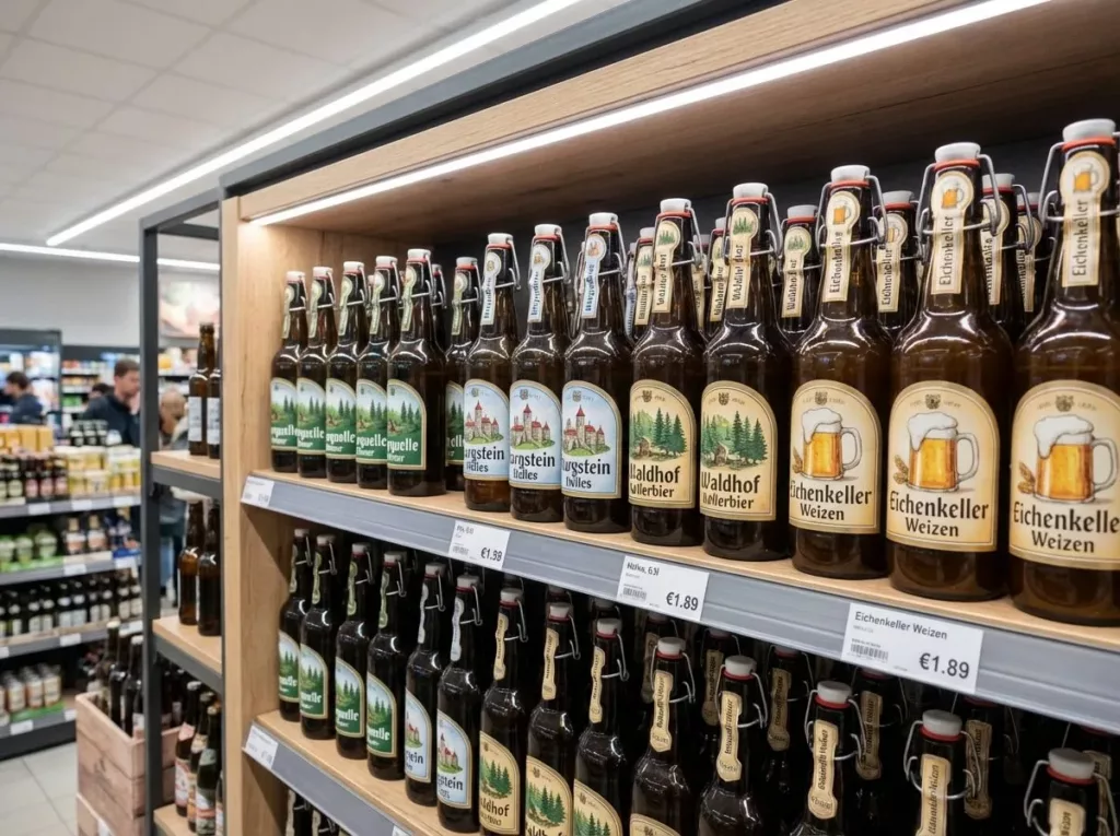 Ein Bierregal im Supermarkt.