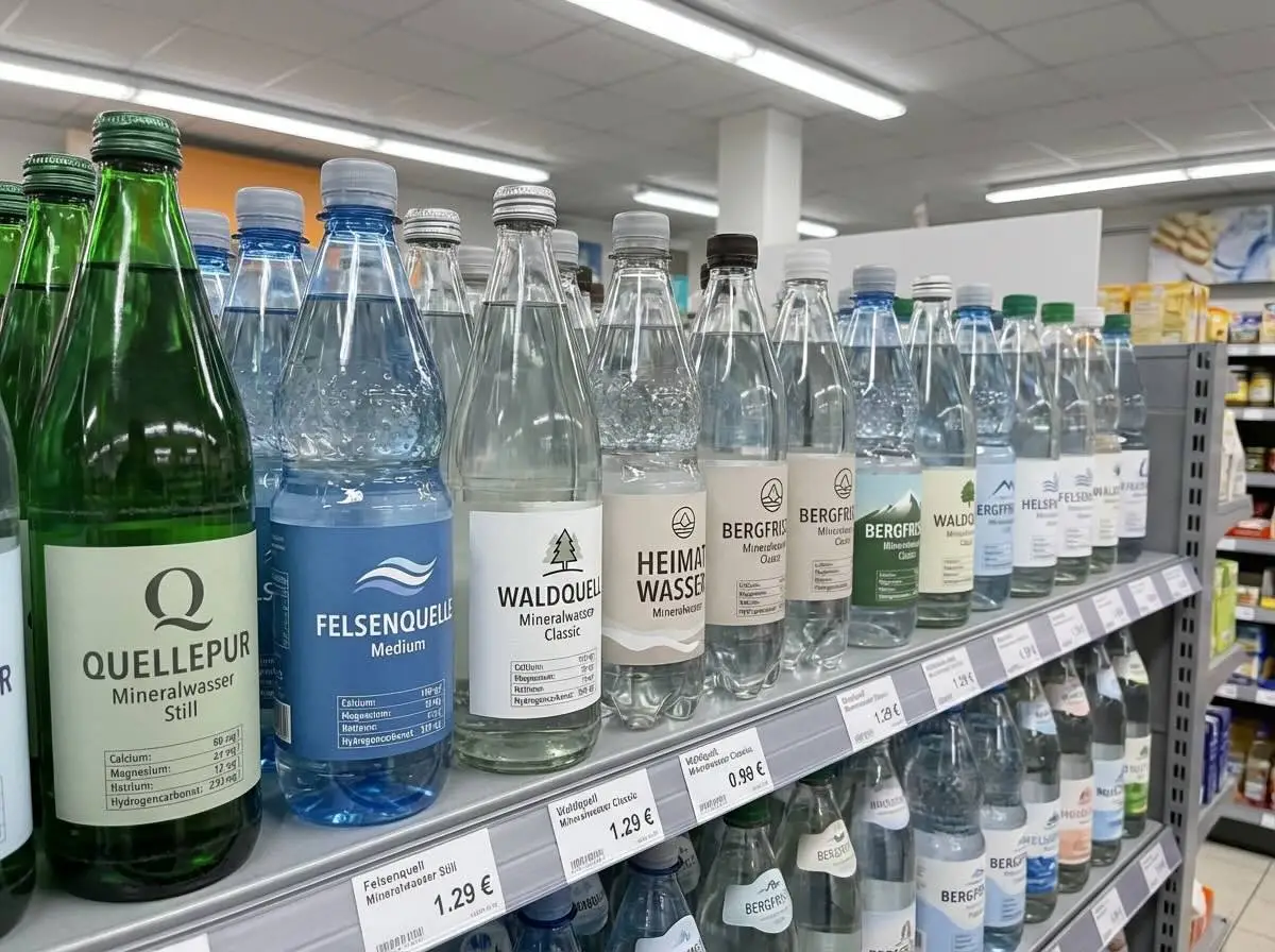 Auf dem Bild sind Mineralwasser im Supermarkt zu sehen.