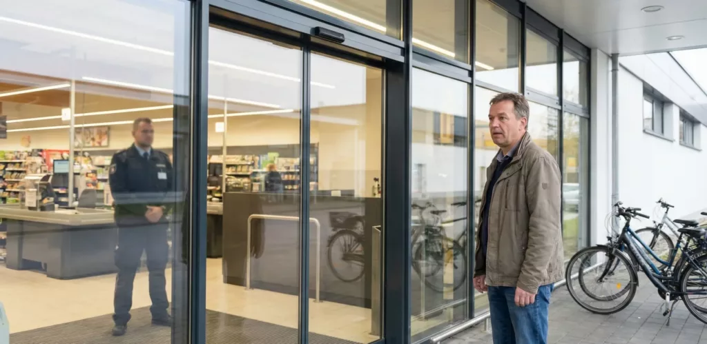 Ein Mann steht vor dem Eingang eines Supermarktes und kann nicht herein. Der Grund: Hausverbot.