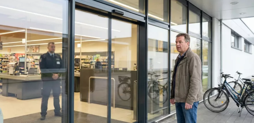 Ein Mann steht vor dem Eingang eines Supermarktes und kann nicht herein. Der Grund: Hausverbot.