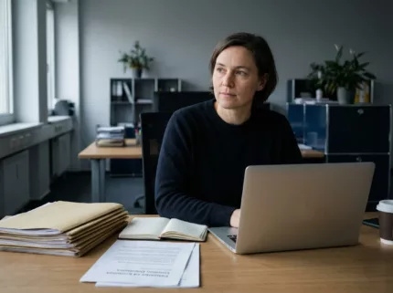 Eine Frau sitzt am Schreibtisch und wirkt nachdenklich.