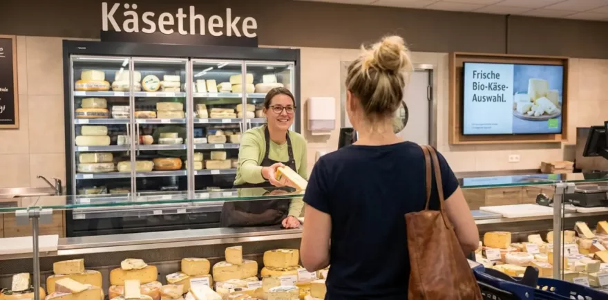 Eine Frau steht vor der Käsetheke.