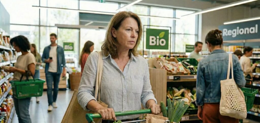 Eine Frau im Supermarkt beim Einkaufen.