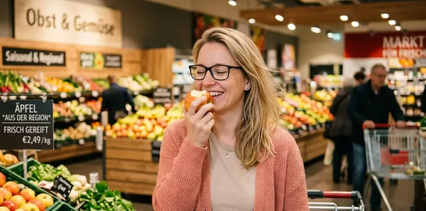 Eine Frau isst einen Apfel im Supermarkt