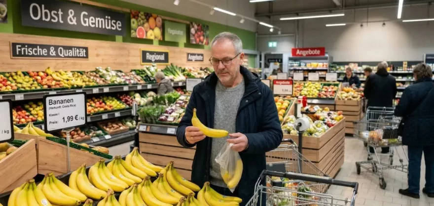 Ein Kunde kauft Bananen im Supermarkt ein.