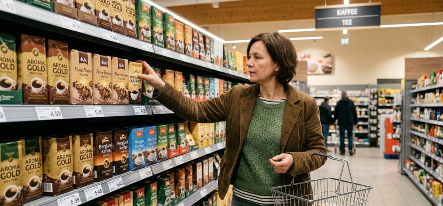 Eine Frau sucht den besten Filterkaffee im Supermarkt.