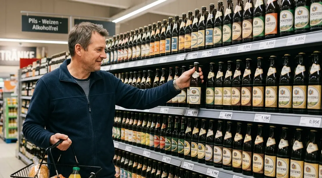 Ein Mann vor einem Bierregal. (Symbolbild / KI-generiert)