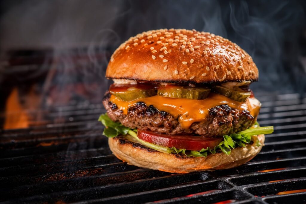 Ein Burger liegt auf dem Grill (KI-Symbolfoto).