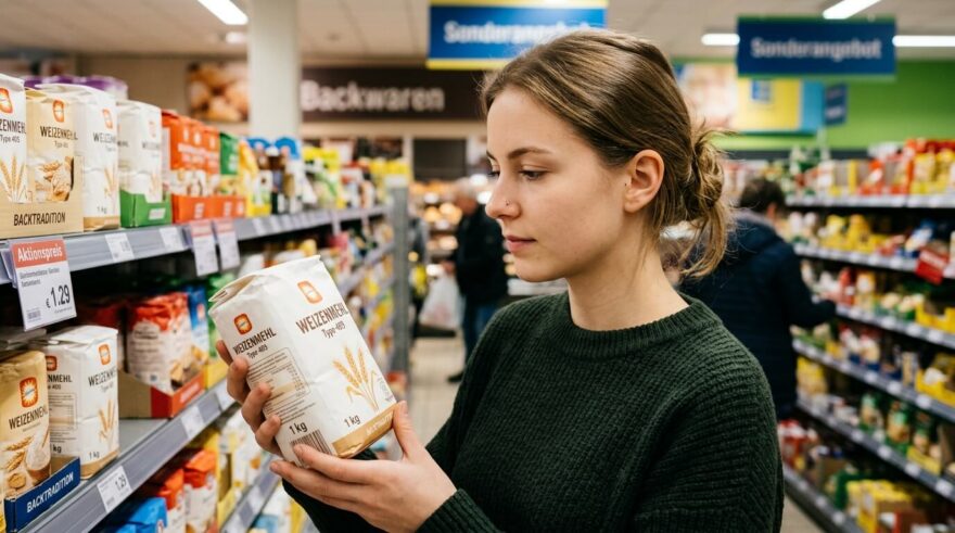 Eine Frau schaut sich eine Mehlpackung an