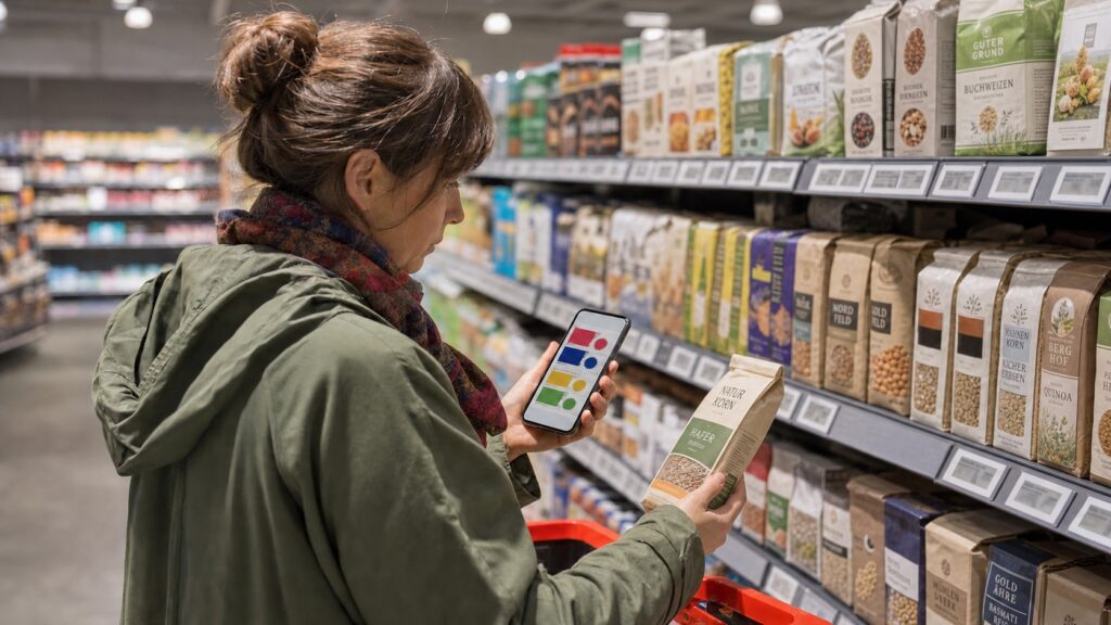 Kundin prüft App-Rabatte auf dem Smartphone vor einem Supermarktregal