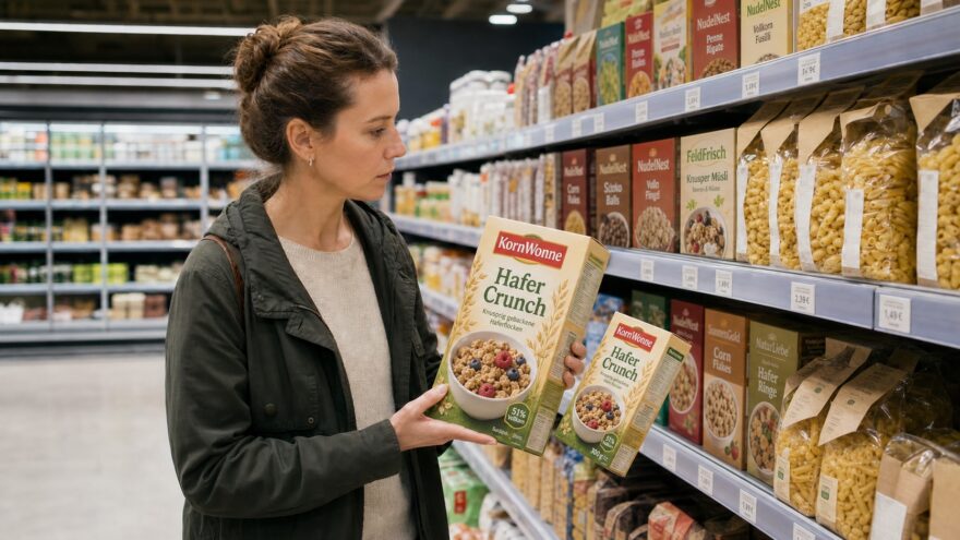 Kundin vergleicht zwei unterschiedlich große KornWonne-Packungen im Supermarkt