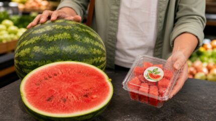 Ganze und halbierte Wassermelone neben einer kleinen Schale mit Wassermelonenwürfeln